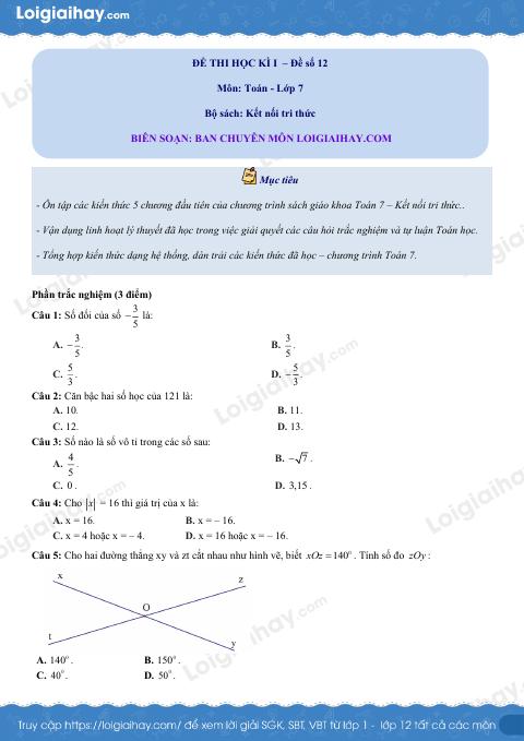 Đề thi học kì 1 Toán 7 - Đề số 12 - Kết nối tri thức